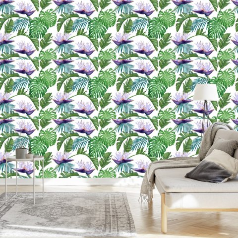 Tapeta Fioletowe Kwiaty Z Liśćmi