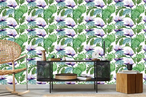 Tapeta Fioletowe Kwiaty Z Liśćmi