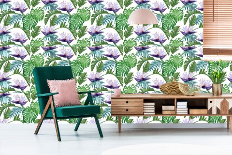 Tapeta Fioletowe Kwiaty Z Liśćmi