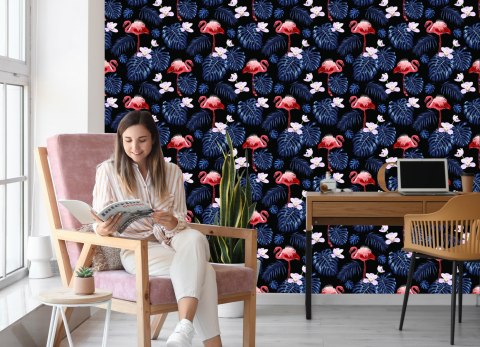 Tapeta We Flamingi Liście Kwiaty Natura, Do Salonu