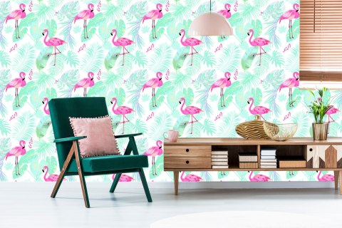 Tapeta Flamingi I Egzotyczne Liście W Pastelowych Kolorach Tapeta Flamingi I Egzotyczne Liście W Pastelowych Kolorach