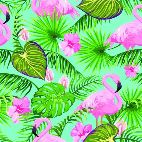Tapeta Flamingi, Kwiaty I Liście Tropikalne