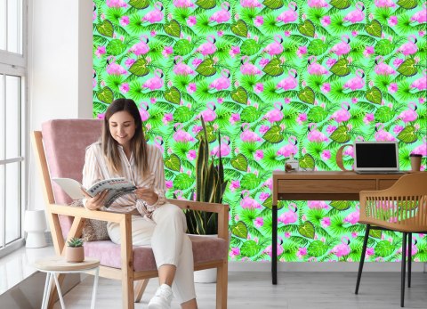 Tapeta Flamingi, Kwiaty I Liście Tropikalne