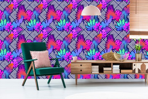 Tapeta Liście Na Wzorach Geometrycznych