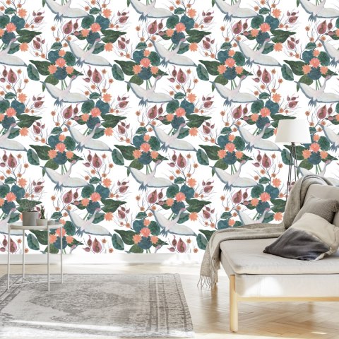 Tapeta - Latające Żurawie I Kwiaty