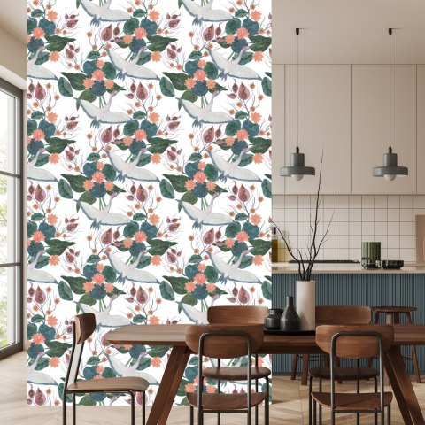 Tapeta - Latające Żurawie I Kwiaty