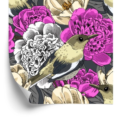 Tapeta - Ptaki I Kolorowe Kwiaty