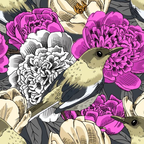 Tapeta - Ptaki I Kolorowe Kwiaty