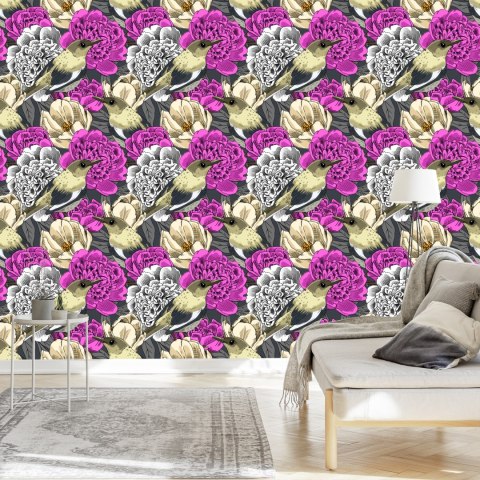 Tapeta - Ptaki I Kolorowe Kwiaty