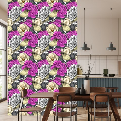 Tapeta - Ptaki I Kolorowe Kwiaty