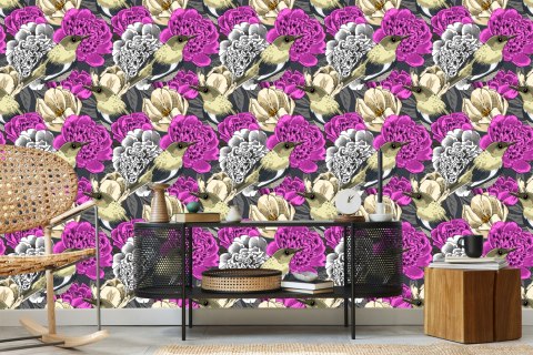 Tapeta - Ptaki I Kolorowe Kwiaty