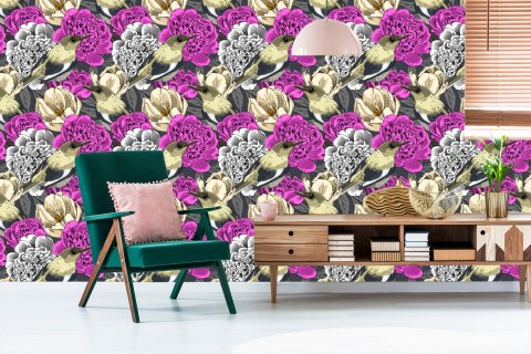 Tapeta - Ptaki I Kolorowe Kwiaty