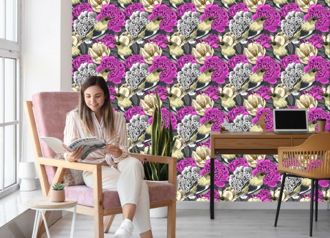 Tapeta - Ptaki I Kolorowe Kwiaty