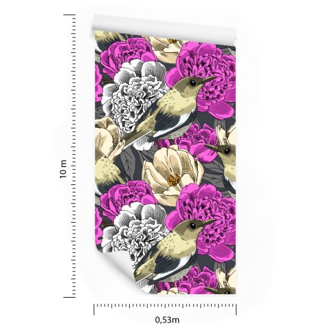 Tapeta - Ptaki I Kolorowe Kwiaty