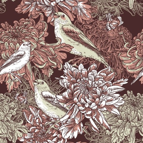 Tapeta - Ptaki Wśród Kwiatów