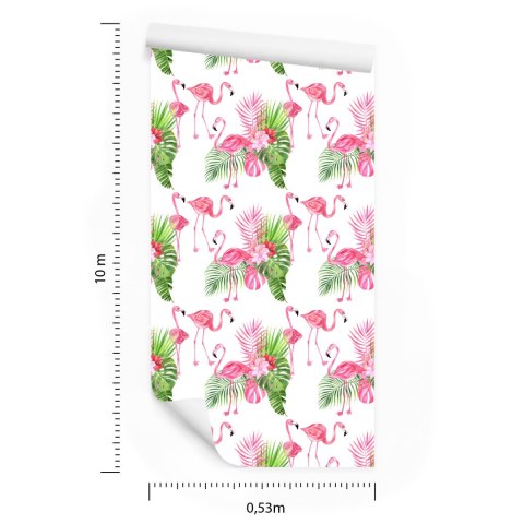 Tapeta Do Salonu, Flamingi, Kwiaty, Zieleń