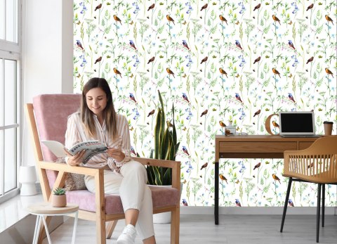 Tapeta Do Salonu Ptaki Kwiaty Liście Natura Motyle