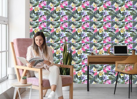 Tapeta Flamingi, Kwiaty, Liście, Przyroda, Salon