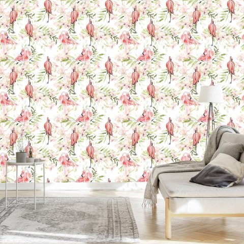 Tapeta Z Flamingami, Kwiaty, Liście, Do Sypialni Tapeta Z Flamingami, Kwiaty, Liście, Do Sypialni