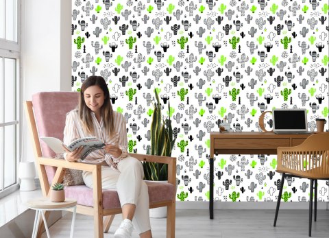 Tapeta Kaktusy W Stylu Skandynawskim, Do Salonu Tapeta Kaktusy W Stylu Skandynawskim, Do Salonu
