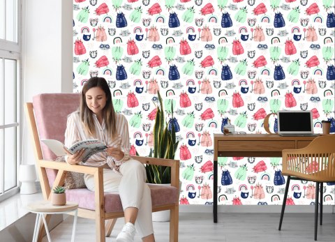 Tapeta Dla Dzieci - Kotki I Tęcza W Stylu Skandynawskim