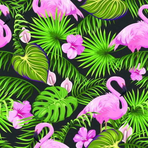 Tapeta Tropikalna - Flamingi, Liście I Kwiaty