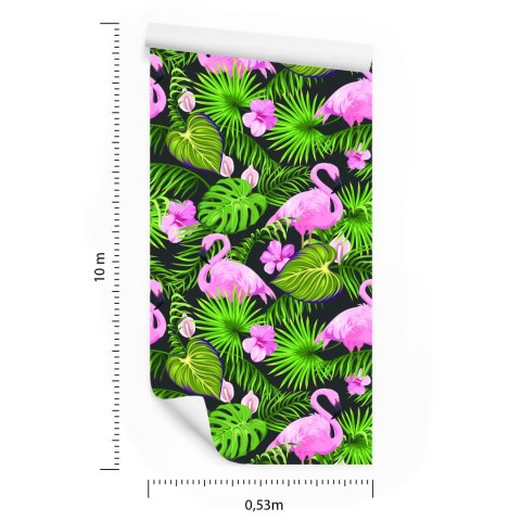 Tapeta Tropikalna - Flamingi, Liście I Kwiaty
