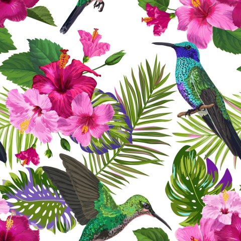 Tapeta Tropikalna - Kolorowe Kolibry, Liście I Kwiaty Tapeta Tropikalna - Kolorowe Kolibry, Liście I Kwiaty