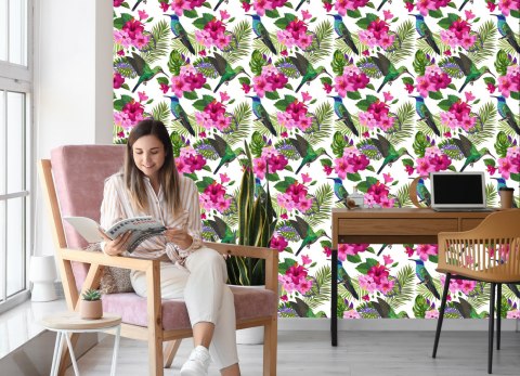 Tapeta Tropikalna - Kolorowe Kolibry, Liście I Kwiaty Tapeta Tropikalna - Kolorowe Kolibry, Liście I Kwiaty