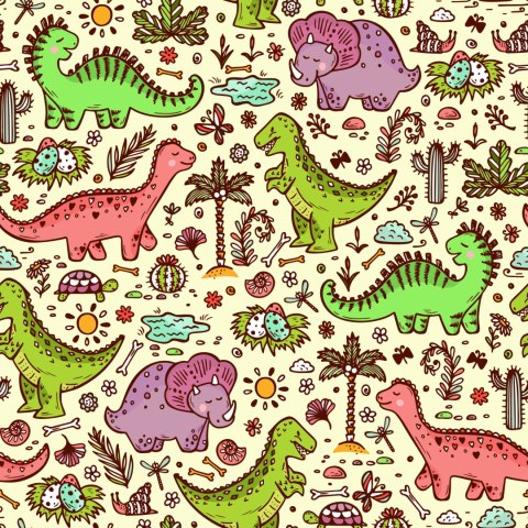 Tapeta Dla Dzieci Dinozaury Kwiaty Kaktusy Drzewa