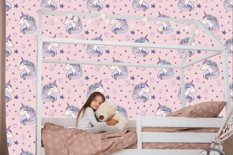 Tapeta Dla Dzieci - Śpiące Jednorożce Na Tle Gwiazd I Serduszek