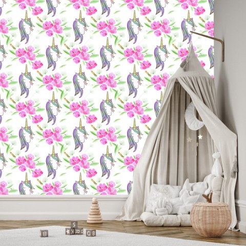 Tapeta Dla Dzieci - Śpiące Jednorożce Na Tle Kwiatów