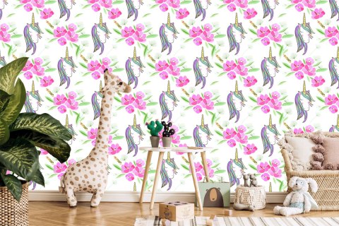 Tapeta Dla Dzieci - Śpiące Jednorożce Na Tle Kwiatów