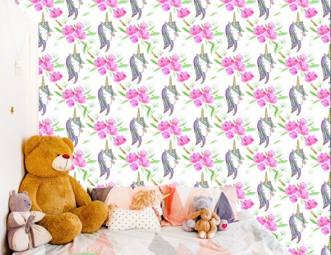 Tapeta Dla Dzieci - Śpiące Jednorożce Na Tle Kwiatów