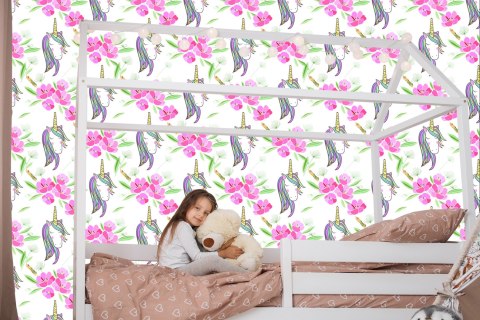 Tapeta Dla Dzieci - Śpiące Jednorożce Na Tle Kwiatów