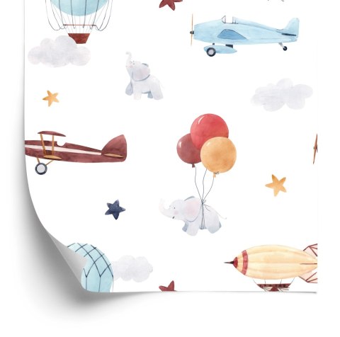 Tapeta Dziecięca Zwierzątka Samoloty Balony Chmury