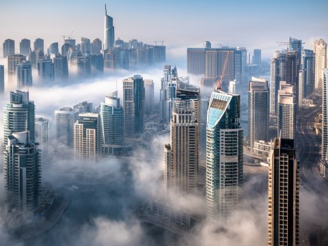 Obraz Wieloczęściowy Panorama Dubaju Miasto We Mgle Obraz Wieloczęściowy Panorama Dubaju Miasto We Mgle