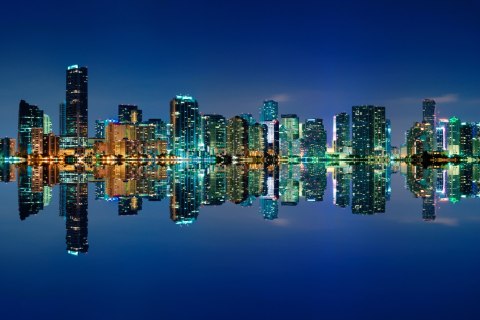 Obraz Wieloczęściowy Panorama Miami Nocą Horyzontalny Widok Obraz Wieloczęściowy Panorama Miami Nocą Horyzontalny Widok