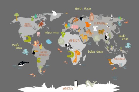 Obraz Na Płótnie Mapa Świata Ze Zwierzątkami