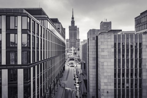 Obraz Wieloczęściowy Panorama Centrum Warszawy Czarno-Biała Obraz Wieloczęściowy Panorama Centrum Warszawy Czarno-Biała