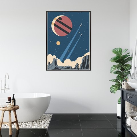 Plakat Rakiety Planety I Gwiazdy W Stylu Retro Rama Aluminiowa Kolor Czarny