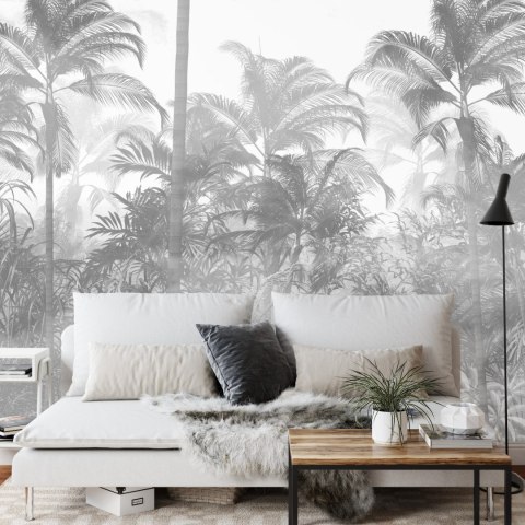 Fototapeta Tropical Trees And Leaves In Foggy Forest Wallpaper Design - 3D