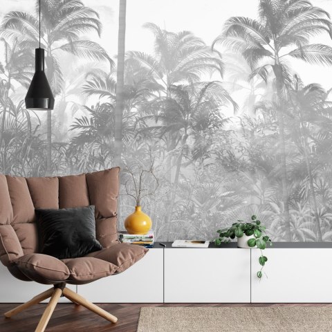 Fototapeta Tropical Trees And Leaves In Foggy Forest Wallpaper Design - 3D