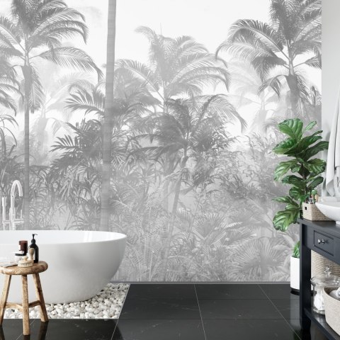 Fototapeta Tropical Trees And Leaves In Foggy Forest Wallpaper Design - 3D