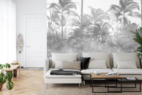 Fototapeta Tropical Trees And Leaves In Foggy Forest Wallpaper Design - 3D