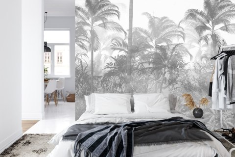 Fototapeta Tropical Trees And Leaves In Foggy Forest Wallpaper Design - 3D