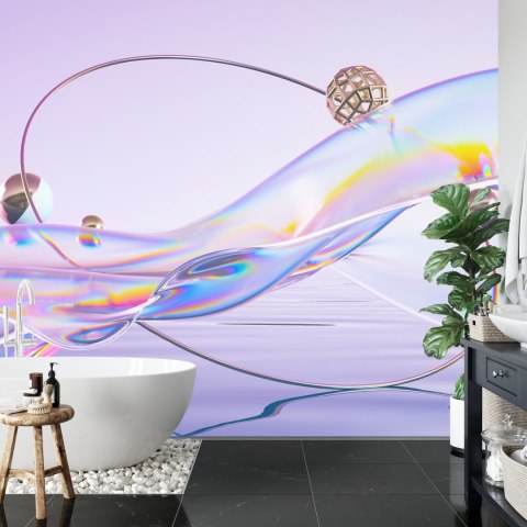 Fototapeta Abstract 3D Render. Glass Ribbon On Water With Geometric Circle And Spheres. Holographic Shape In Motion. Iridescent 