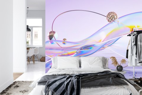 Fototapeta Abstract 3D Render. Glass Ribbon On Water With Geometric Circle And Spheres. Holographic Shape In Motion. Iridescent 