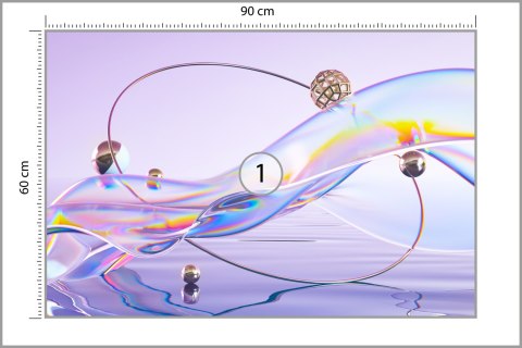 Fototapeta Abstract 3D Render. Glass Ribbon On Water With Geometric Circle And Spheres. Holographic Shape In Motion. Iridescent 