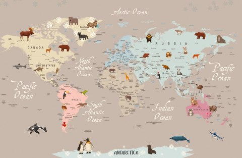Fototapeta Animals World Map For Kids Wallpaper Design
